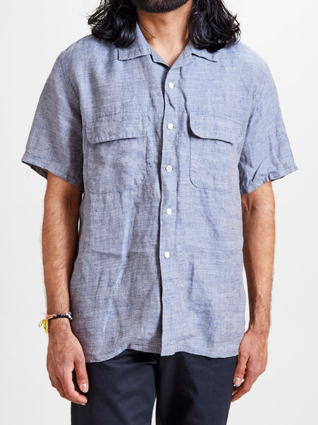 Linen Chambray Open Collar Shirt in Navy