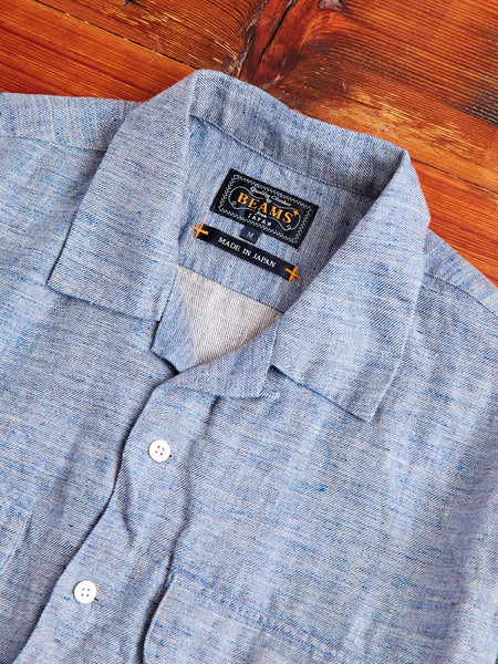 Linen Chambray Open Collar Shirt in Navy