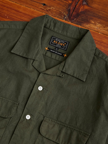 Panama Cloth Open Collar Shirt in Olive