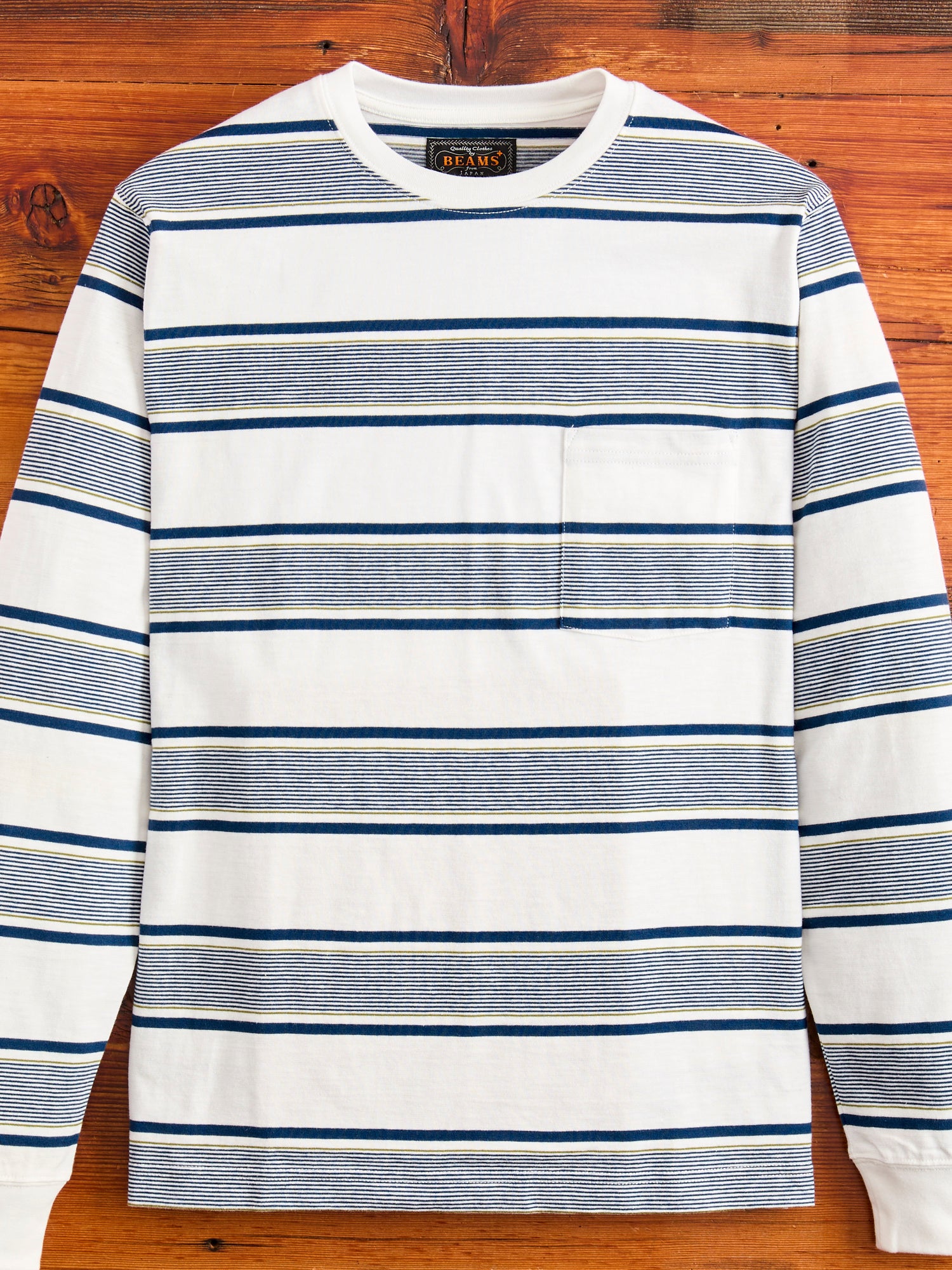 Wide Stripe Long Sleeve Pocket T-Shirt in Off White