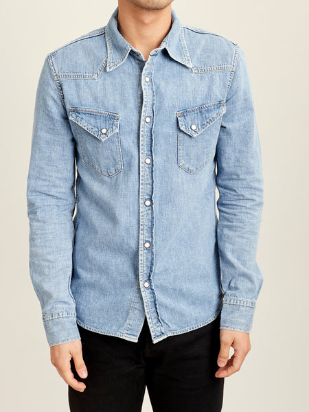 Natural Finish Denim Western Shirt in Distressed Indigo