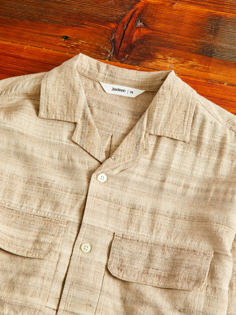 Long Sleeve Open Collar Shirt in Travertine Handloom Silk