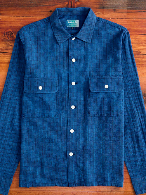 "Awa-Ai" Long Sleeve Shirt in Indigo Shijira Basketweave