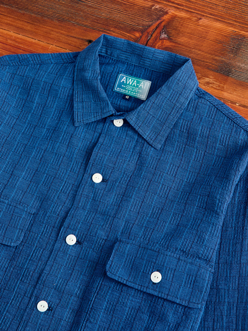 "Awa-Ai" Long Sleeve Shirt in Indigo Shijira Basketweave