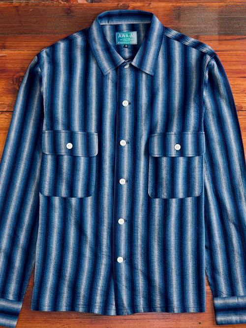 "Awa-Ai" Long Sleeve Shirt in Indigo Shijira Stripe