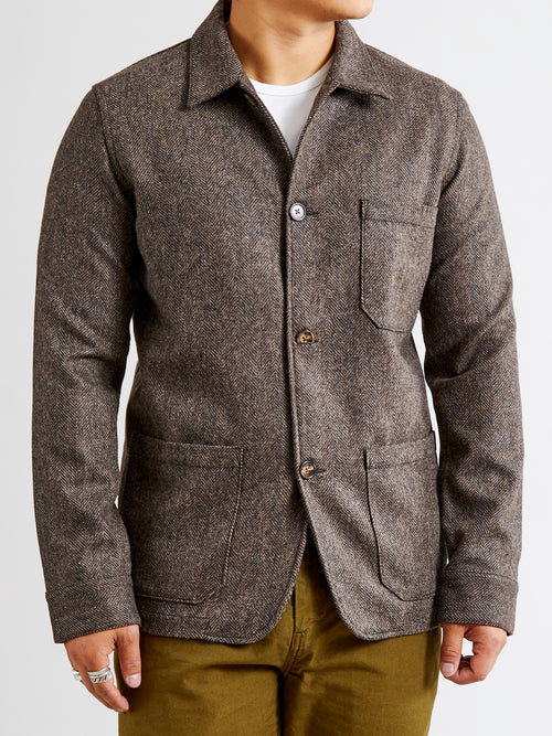 Labura Herringbone Wool Chore Coat in Brown