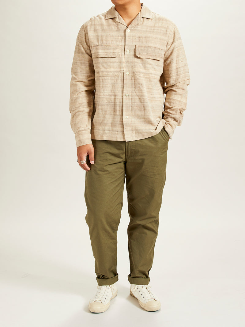 Long Sleeve Open Collar Shirt in Travertine Handloom Silk