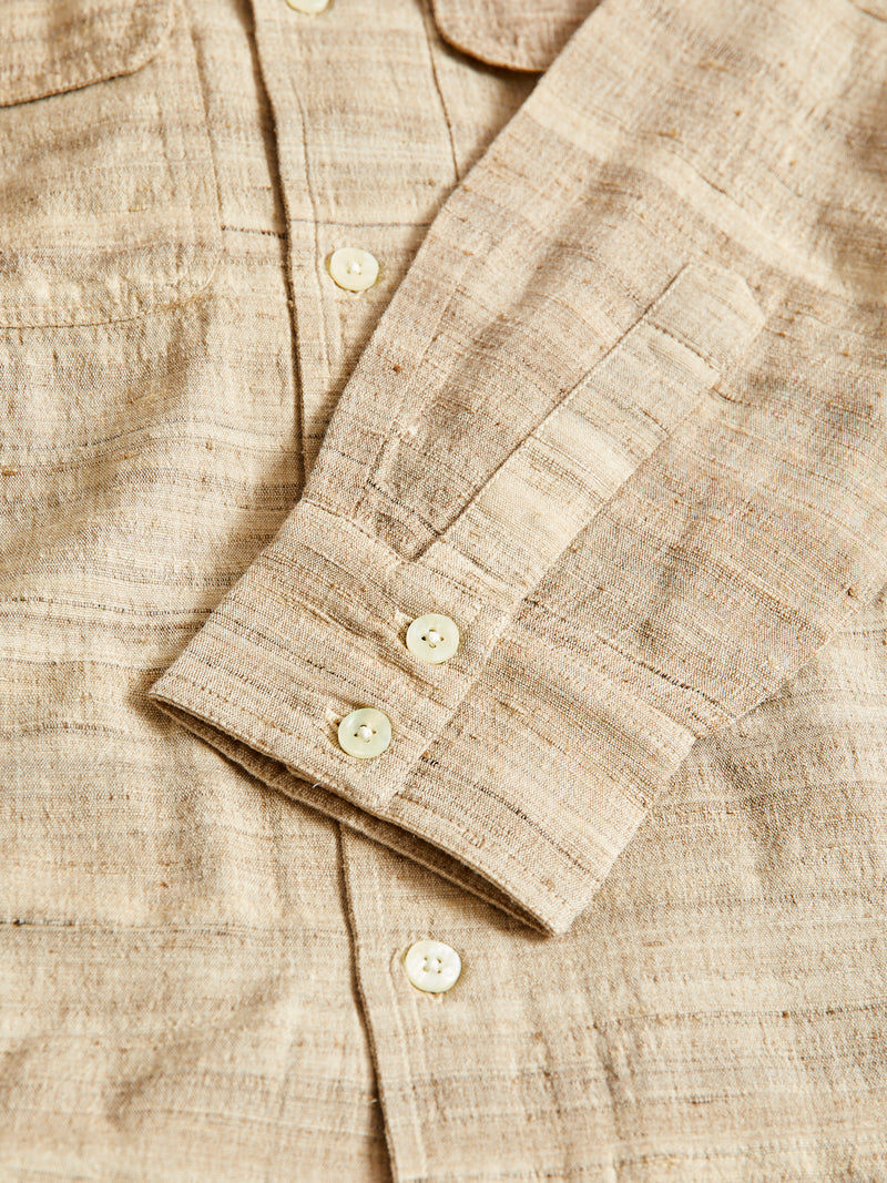 Long Sleeve Open Collar Shirt in Travertine Handloom Silk