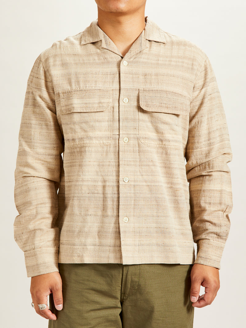 Long Sleeve Open Collar Shirt in Travertine Handloom Silk