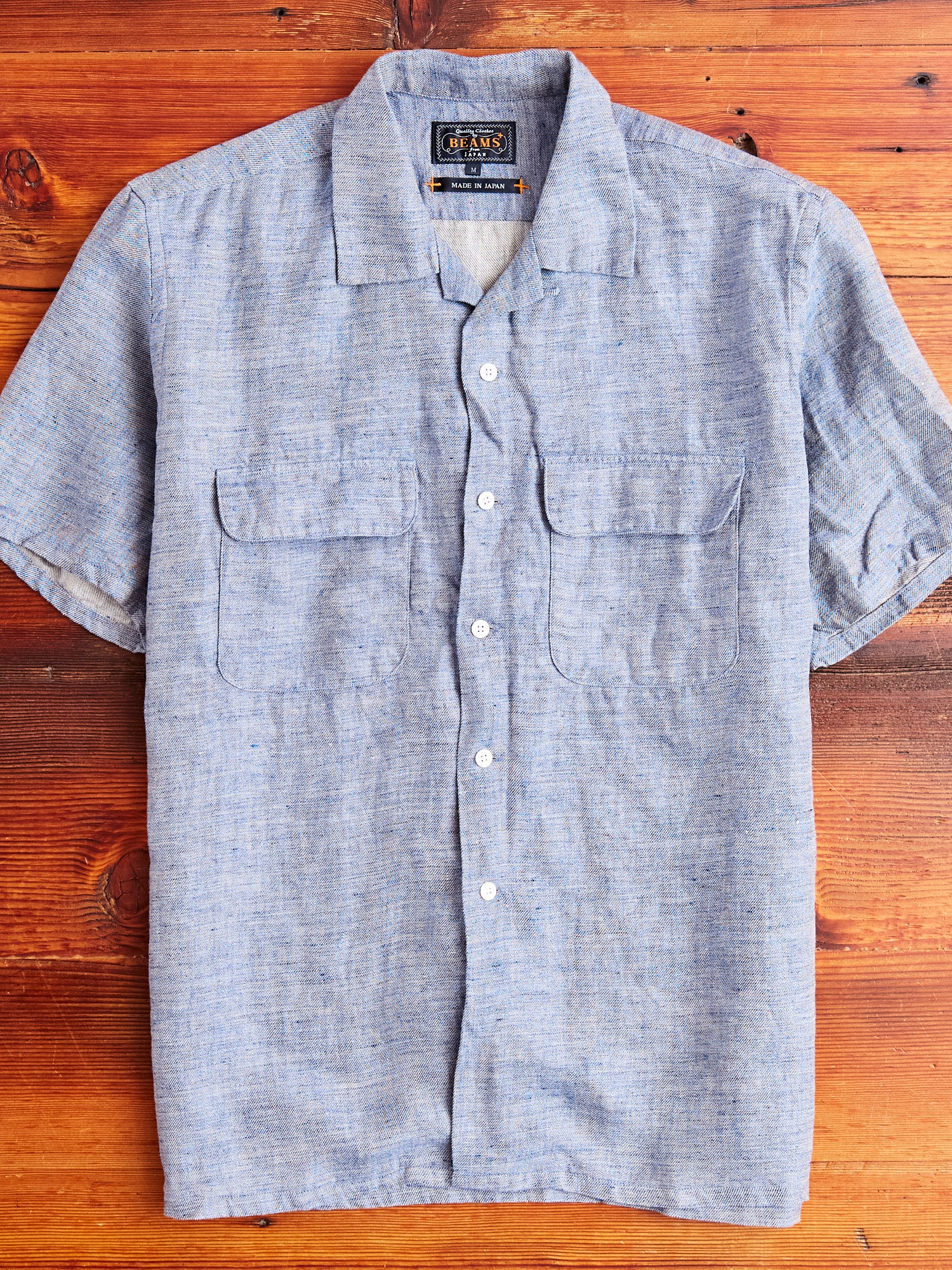 Linen Chambray Open Collar Shirt in Navy