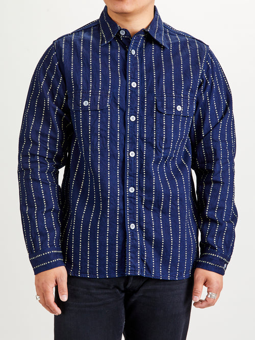 Shuriken Wabash Stripe Work Shirt in Indigo Black