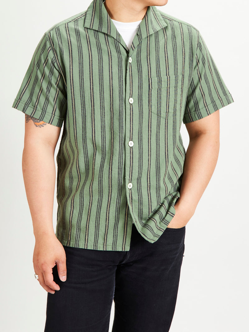 Linen Short Sleeve Shirt in Striped Olive