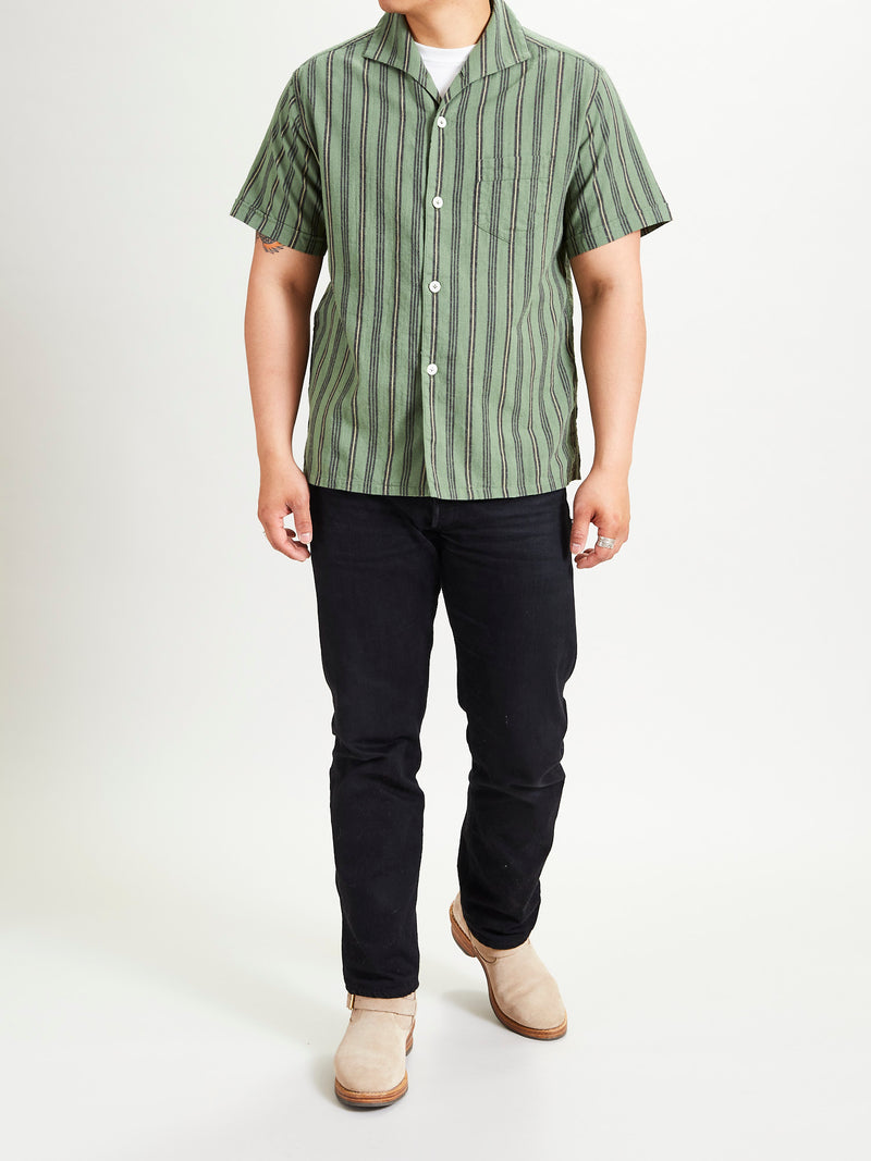 Linen Short Sleeve Shirt in Striped Olive