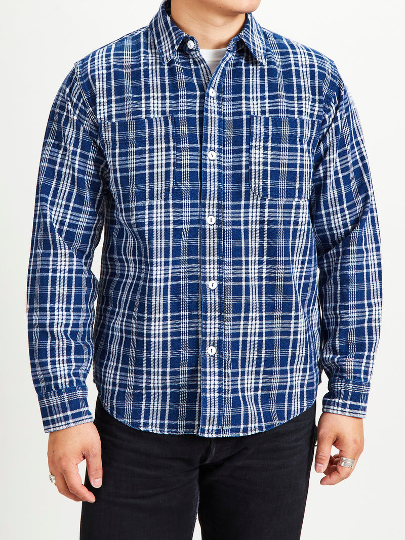 730WS Heavy Washed Flannel Shirt in Indigo Check