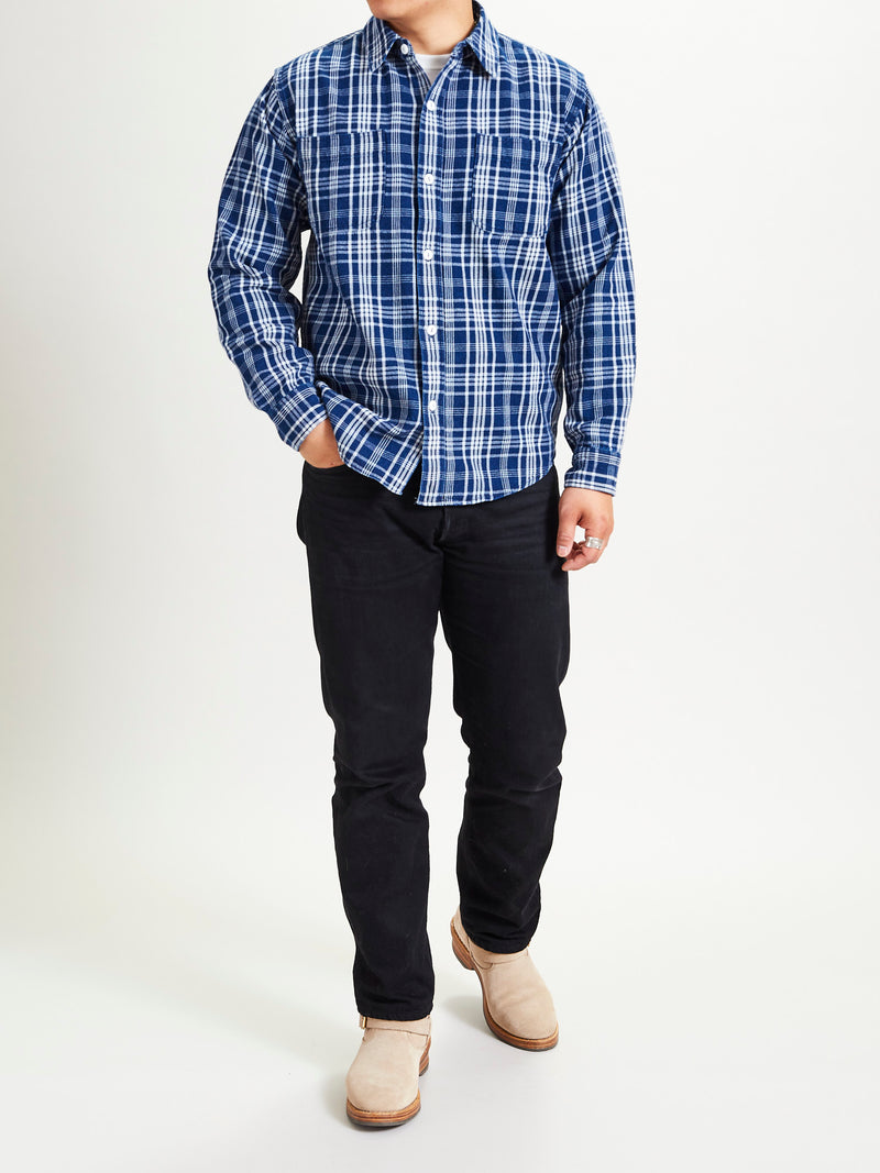 730WS Heavy Washed Flannel Shirt in Indigo Check