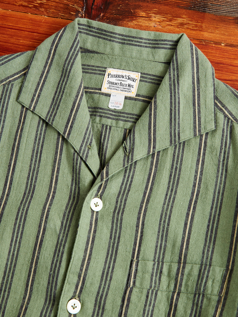 Linen Short Sleeve Shirt in Striped Olive