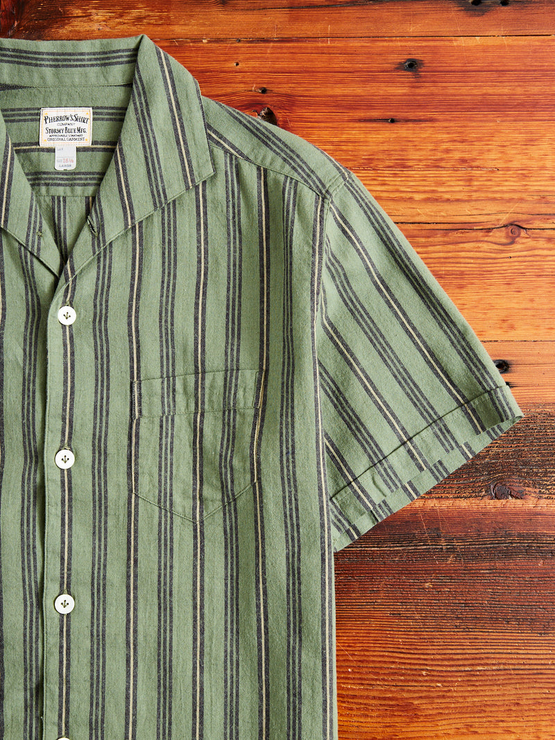 Linen Short Sleeve Shirt in Striped Olive