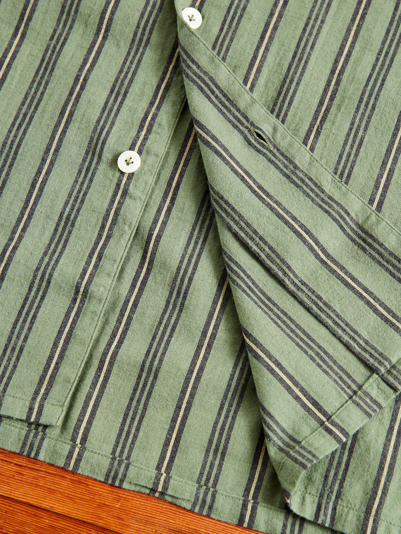 Linen Short Sleeve Shirt in Striped Olive