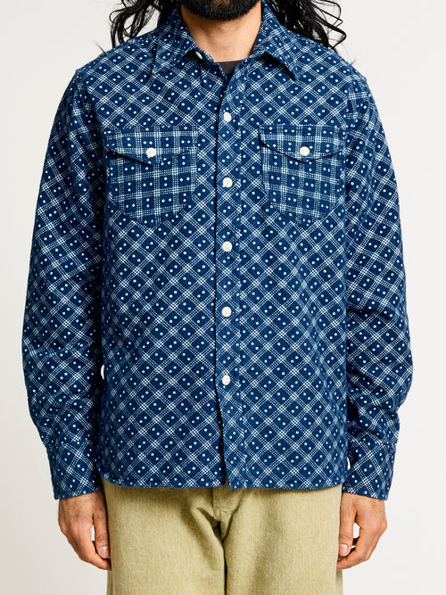 Indigo Discharge Diamond Flannel Shirt in Rinsed Indigo