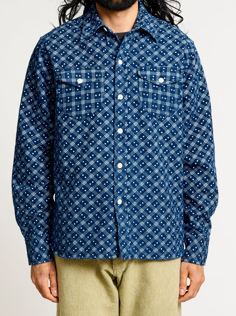 Indigo Discharge Diamond Flannel Shirt in Rinsed Indigo