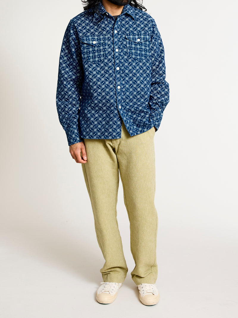 Indigo Discharge Diamond Flannel Shirt in Rinsed Indigo