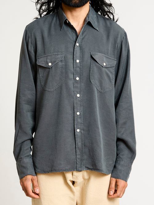 Tencel Gabardine Pearl Snap Shirt in Faded Black