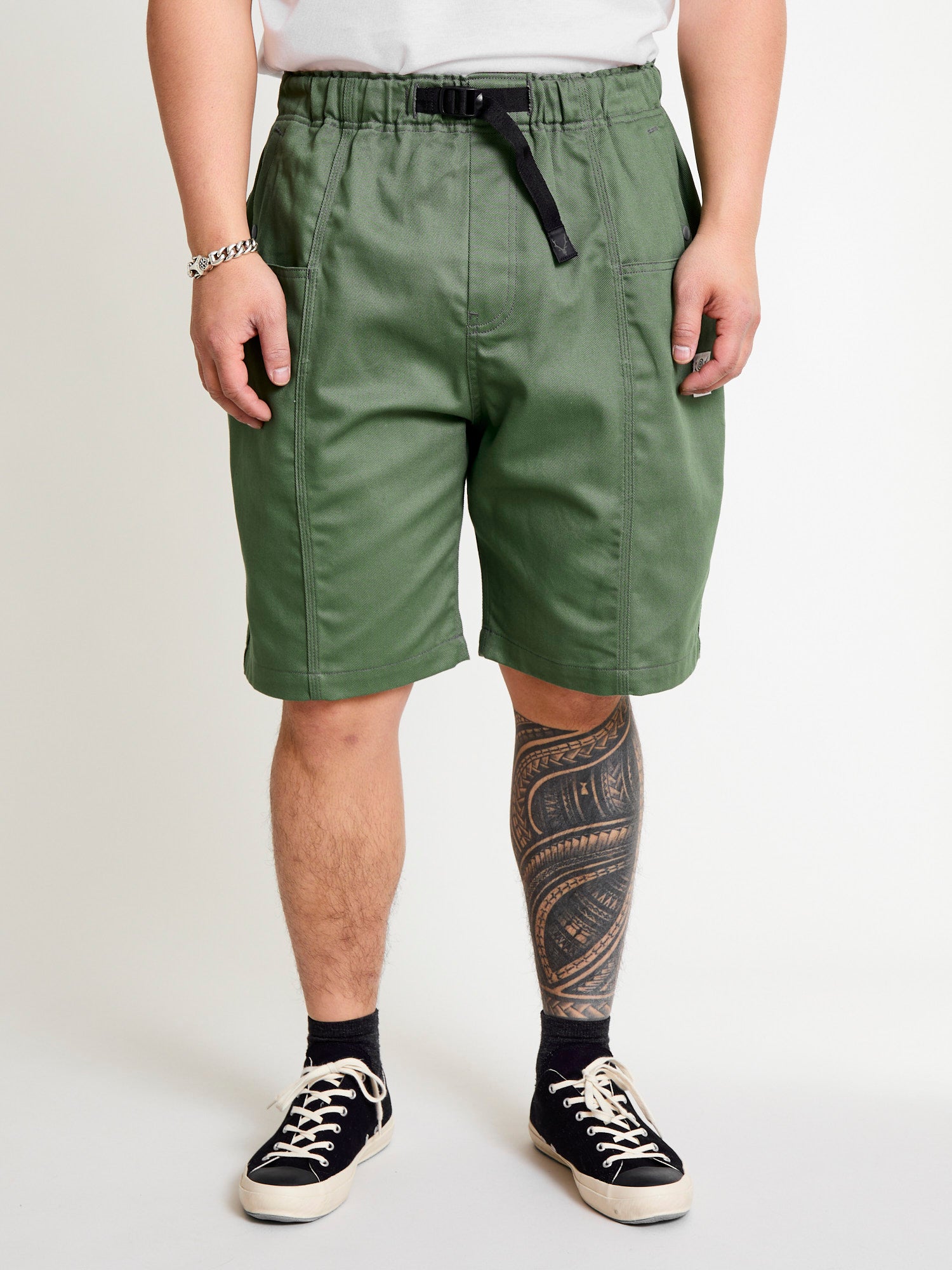 Cotton Twill Belted C.S Shorts in Moss Green