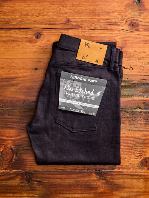 "Etched" 13oz Bordeaux Weft Stretch Selvedge Denim - Pen Slim