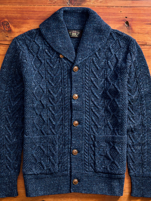 Aran-Knit Shawl Collar Cardigan in Navy Heather