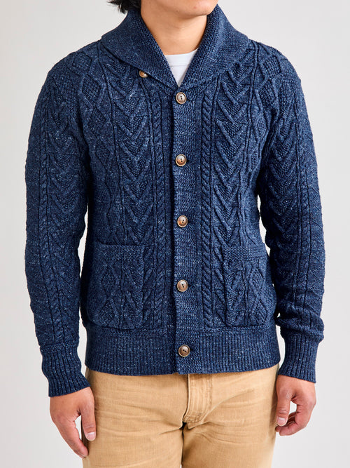 Aran-Knit Shawl Collar Cardigan in Navy Heather