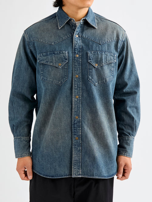 Denim Western Button-Down Shirt in Indigo-Camel Double Dye