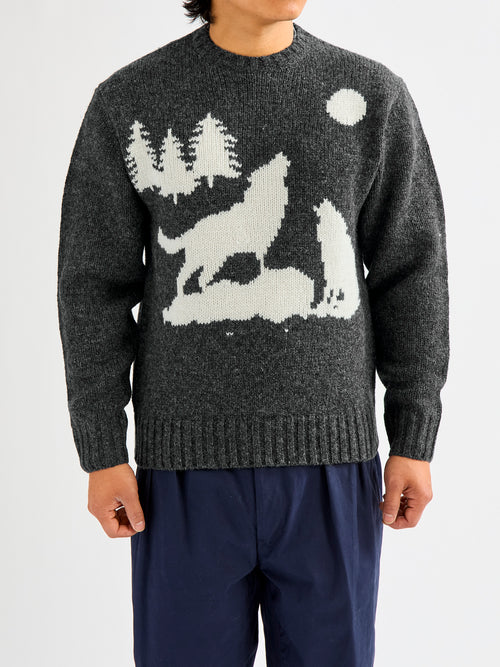 Intarsia 3-Gauge Crewneck Sweater in Charcoal