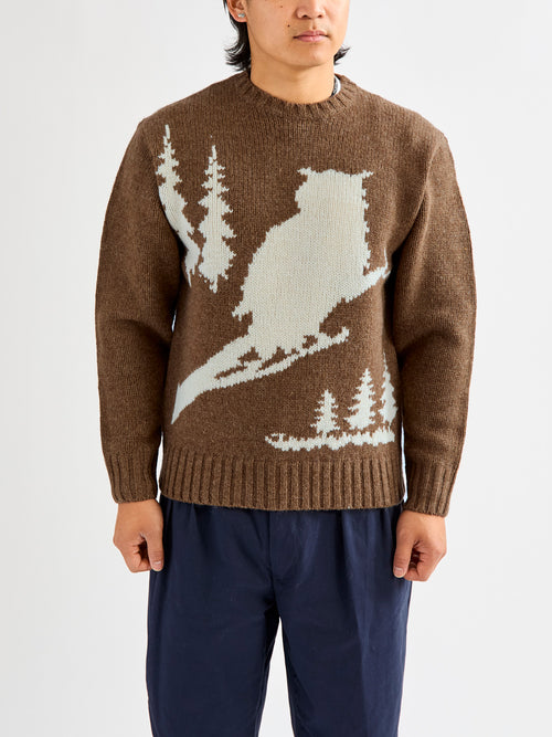 Intarsia 3-Gauge Crewneck Sweater in Brown