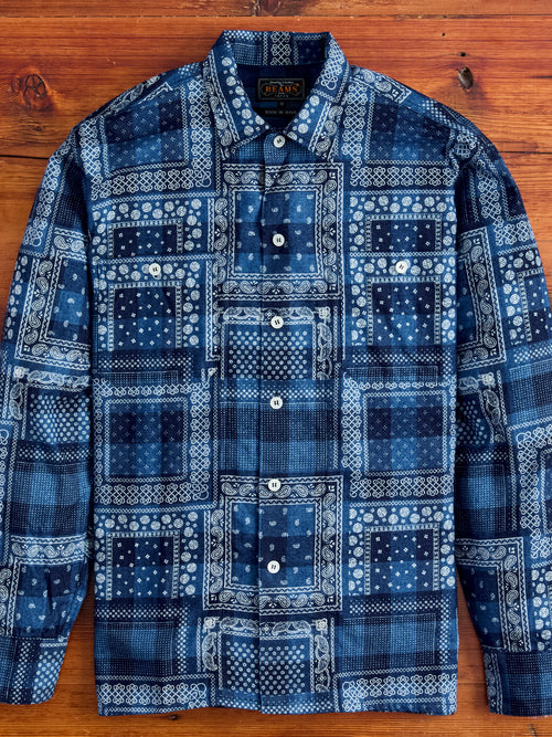 MIL Open Collar Discharge Print Shirt in Indigo