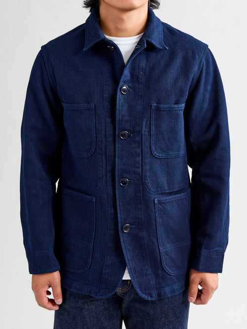 Double Cloth Sashiko Coverall Jacket in Hand Dyed Indigo