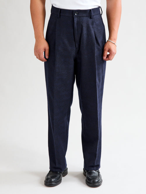 Wind Flow Jacquard Tucked Trousers in Dark Navy