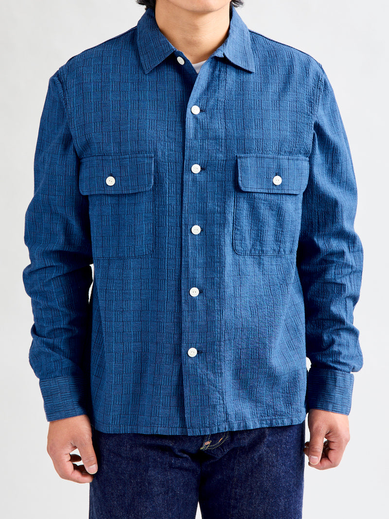 "Awa-Ai" Long Sleeve Shirt in Indigo Shijira Basketweave