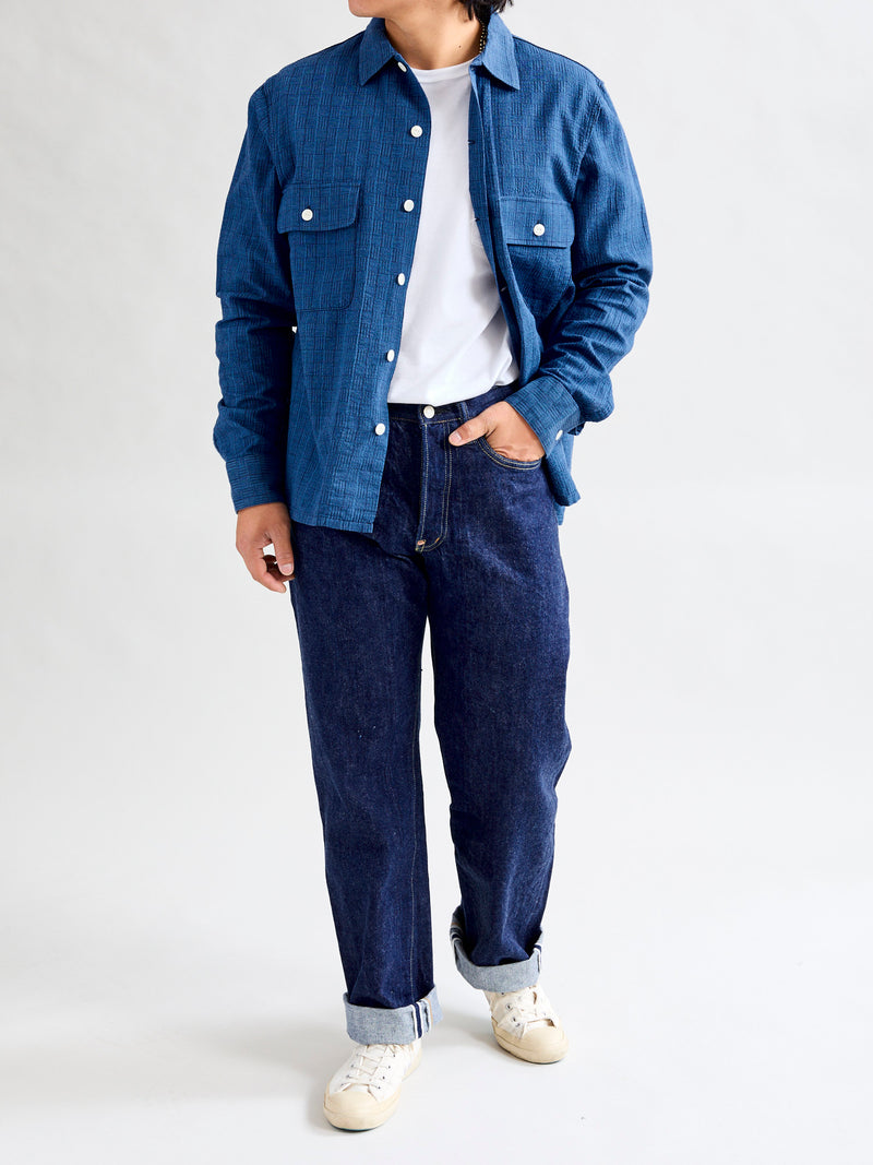 "Awa-Ai" Long Sleeve Shirt in Indigo Shijira Basketweave