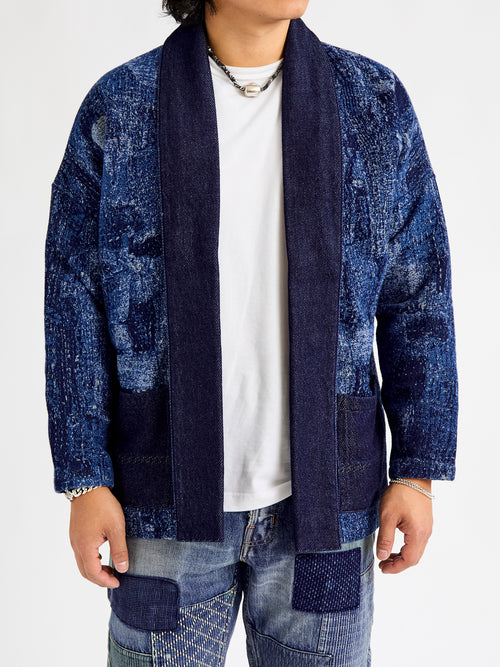 Jacquard Boro Haori Jacket in Indigo Rinse