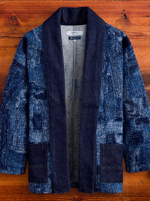 Jacquard Boro Haori Jacket in Indigo Rinse