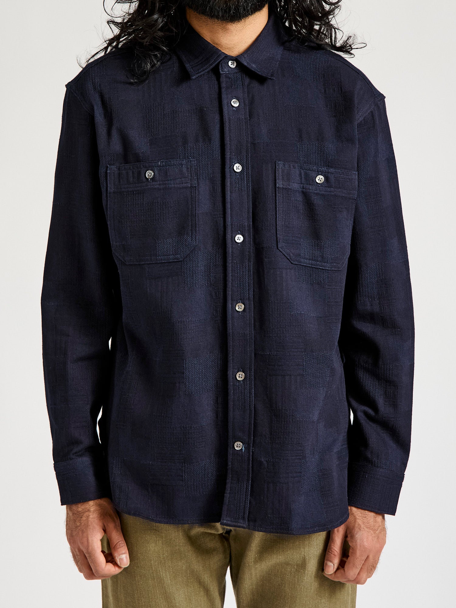 Patchwork Jacquard Button-Down Shirt in Indigo – Blue Owl Workshop