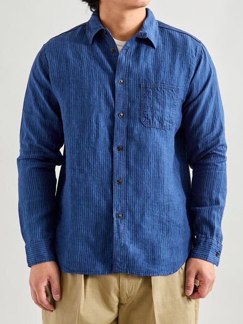 100WS Linen Workshirt in Indigo Stripe