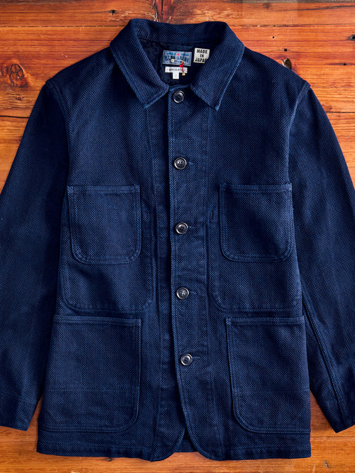 Double Cloth Sashiko Coverall Jacket in Hand Dyed Indigo