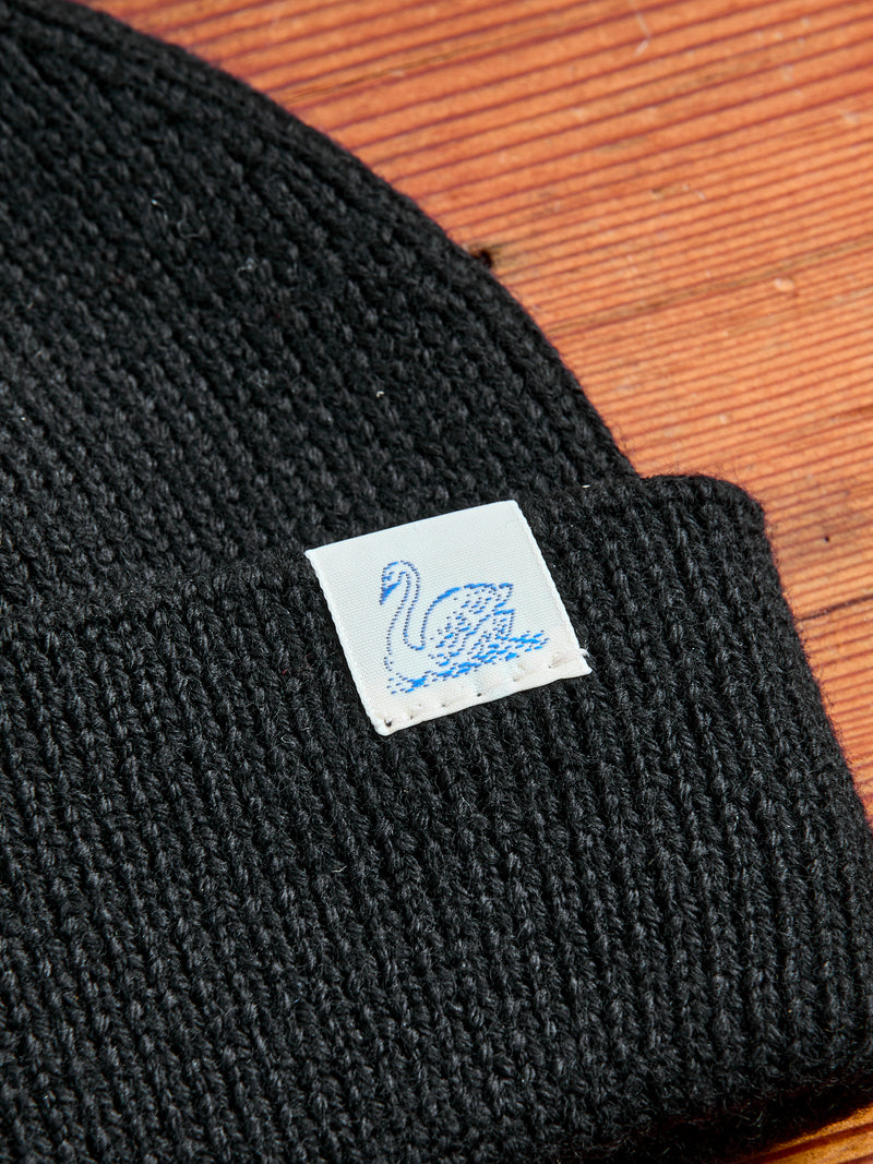 Merino Wool Ribbed Beanie in Deep Black