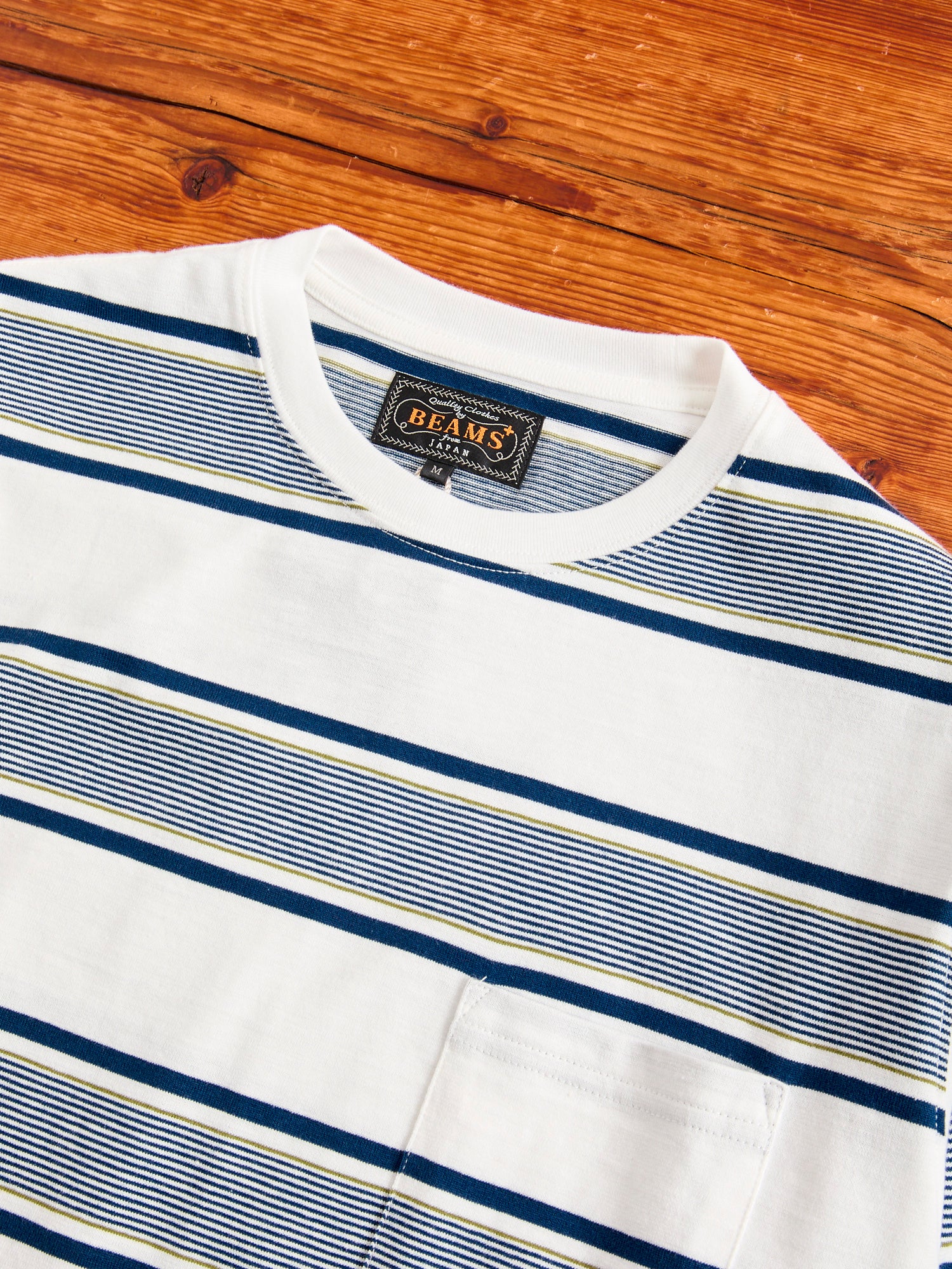 Wide Stripe Long Sleeve Pocket T-Shirt in Off White