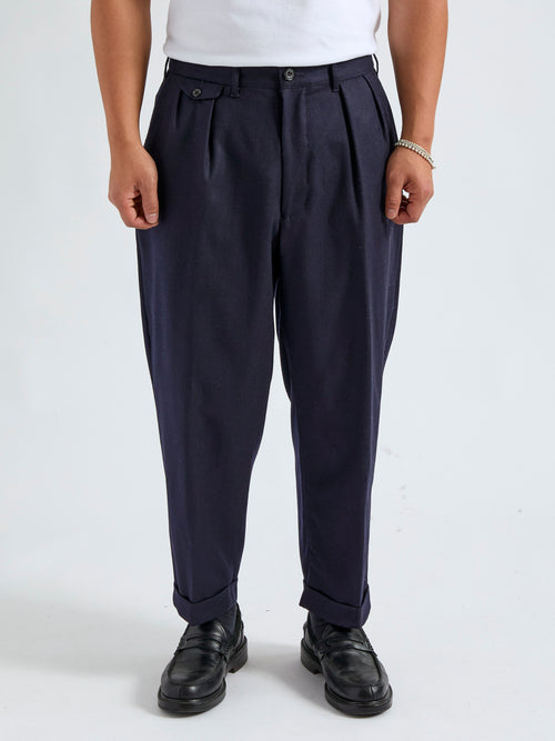 2-Pleat Flannel Trousers in Navy