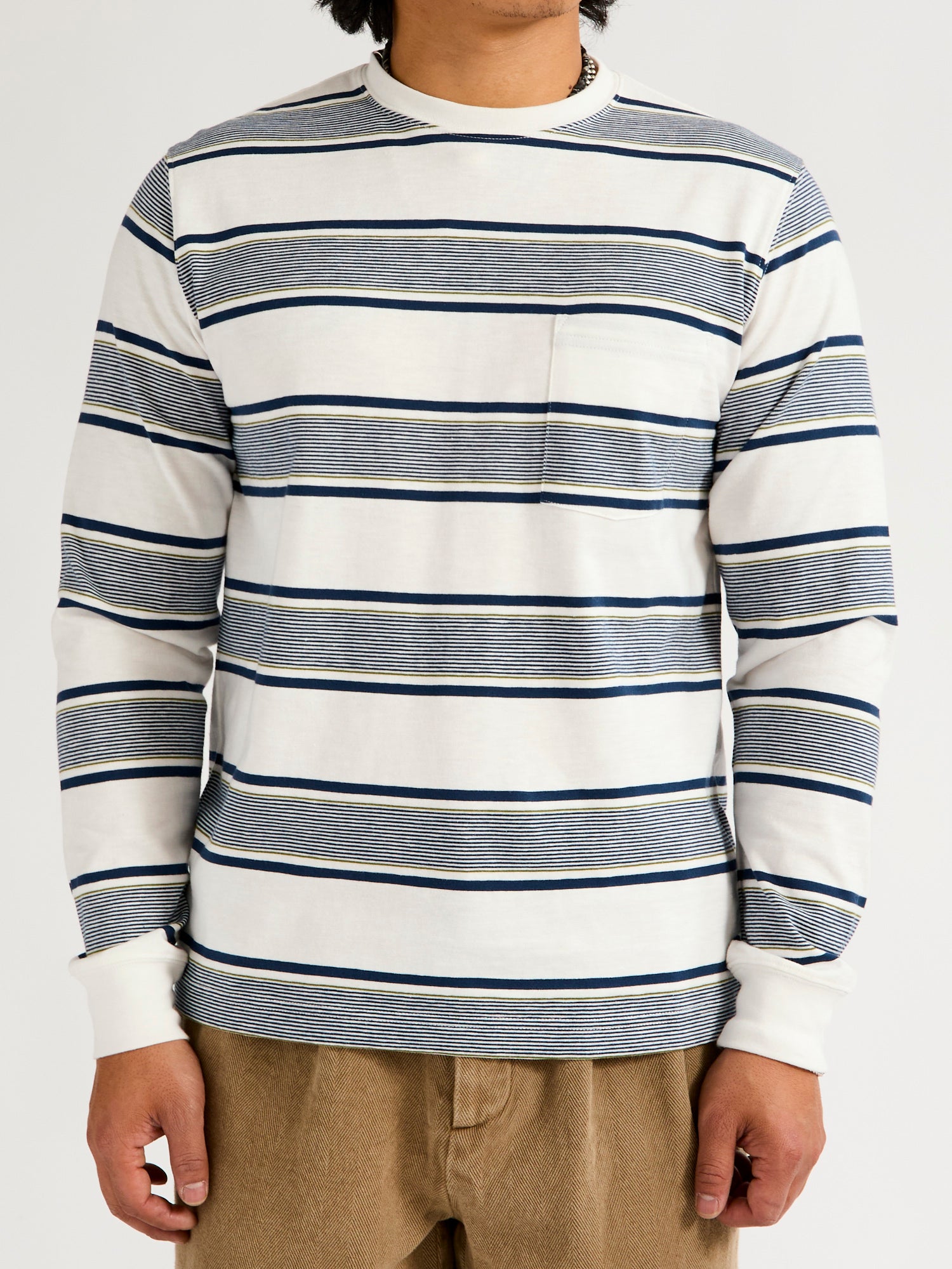 Wide Stripe Long Sleeve Pocket T-Shirt in Off White