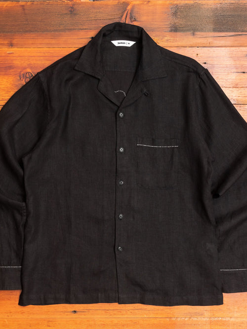 "Studio Embroidered" Loop Collar Shirt in Black Linen