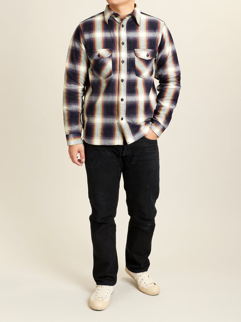 SIN22-02W Rope Dyed Flannel Shirt in Indigo/White