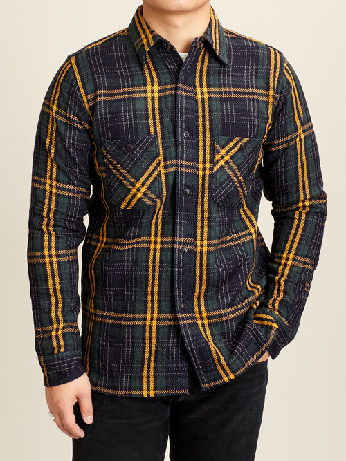 SIN22-01W Rope Dyed Flannel Shirt in Indigo/Green